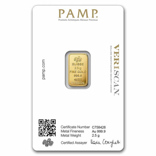 24K 2.5 Gram PAMP Suisse Fortuna Veriscan Gold Bar (New w/ Assay)